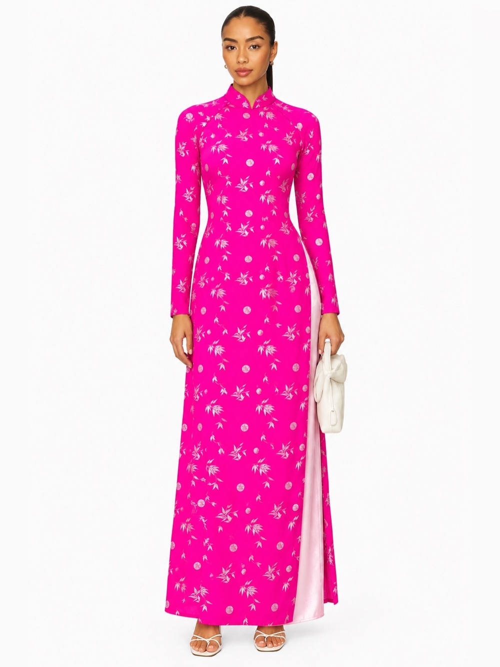 NEON Hot Pink Silk Áo Dài Qipao Dress | Vietnamese Vintage Floral Maxi Gown 📐XS